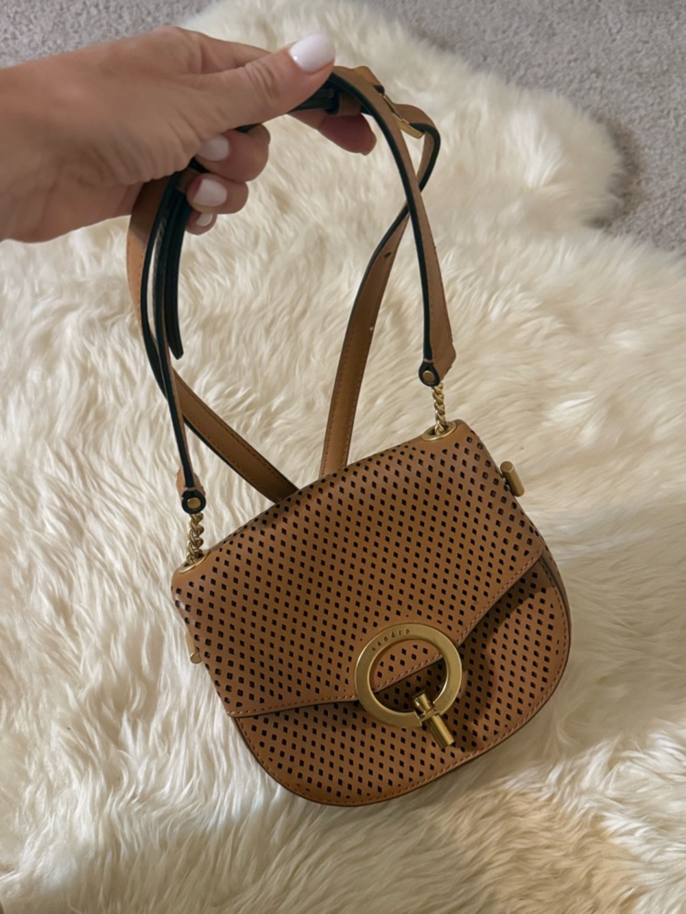 Sandro Yza Perforated Leather Crossbody Bag Camel Tan